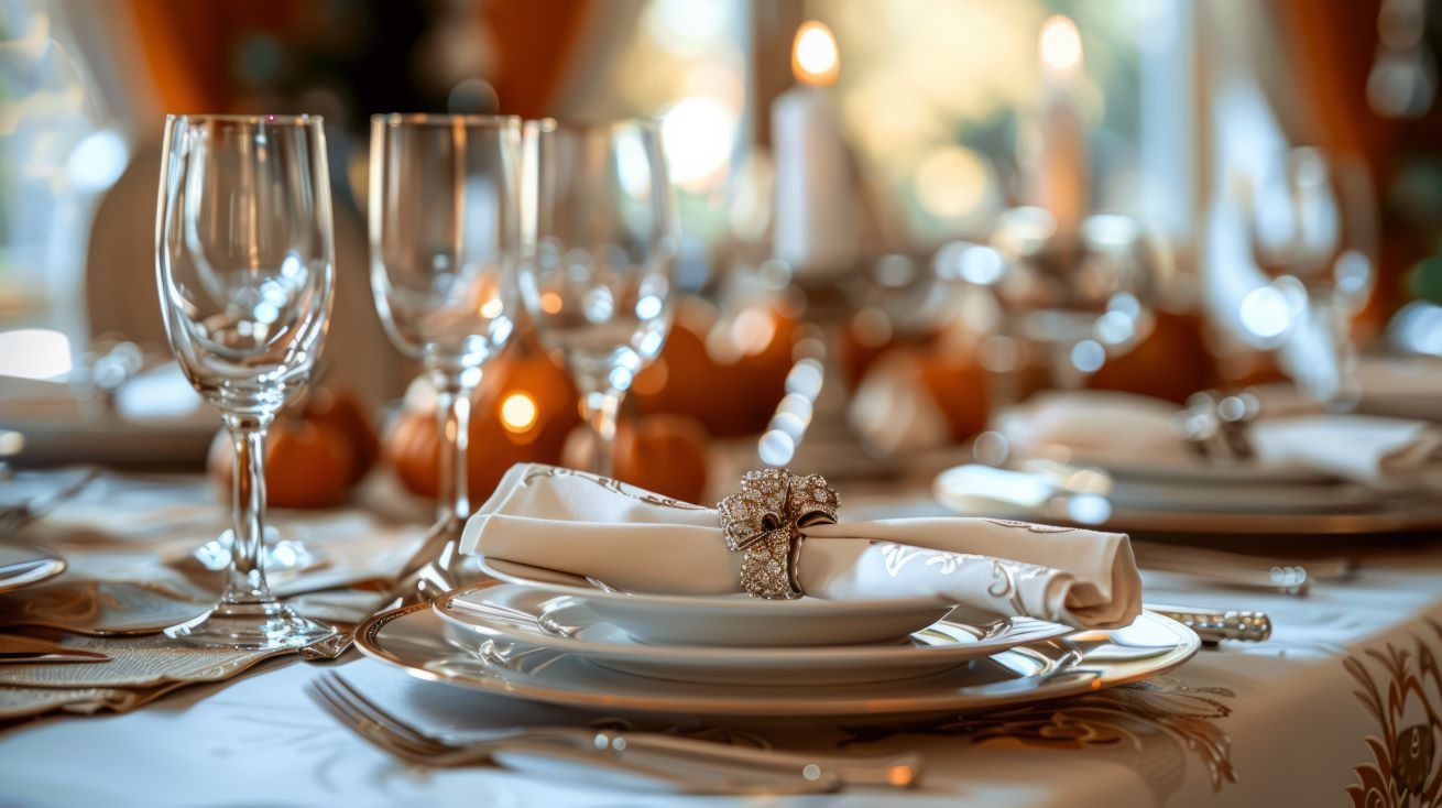 Fall table setting with orange mini pumpkins - white plates with gold accents - candles, leaf themed table cloth - blurred background looking toward window