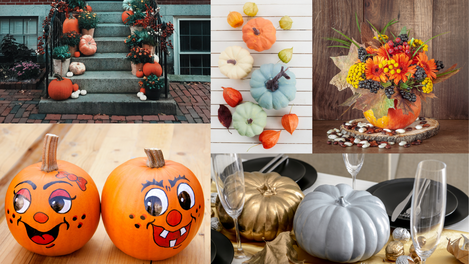 picture collage of various ways to use pumpkins in decor - painted to match decor, as a vase, mixed with flower pots on front stairs, painted funny faces for halloween