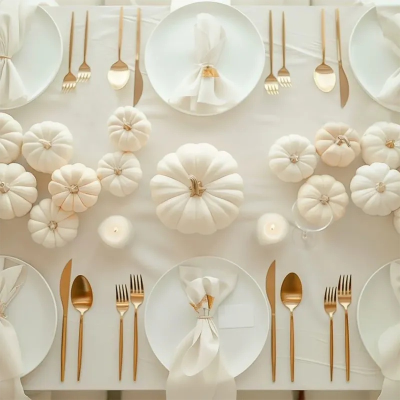 table setting white mini pumpkins with gold silverware and napkin holders