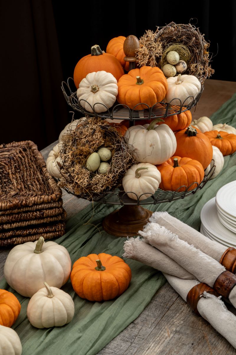 table top centerpiece/decor with two-tiered black metal rack holding white and organe mini pumpkins and white casperitas with two birds nests on a beautiful green gauze runner - with iory cloth mapkins and wooden napkin holders, white stacked plates, and rattan square chargers partially showing