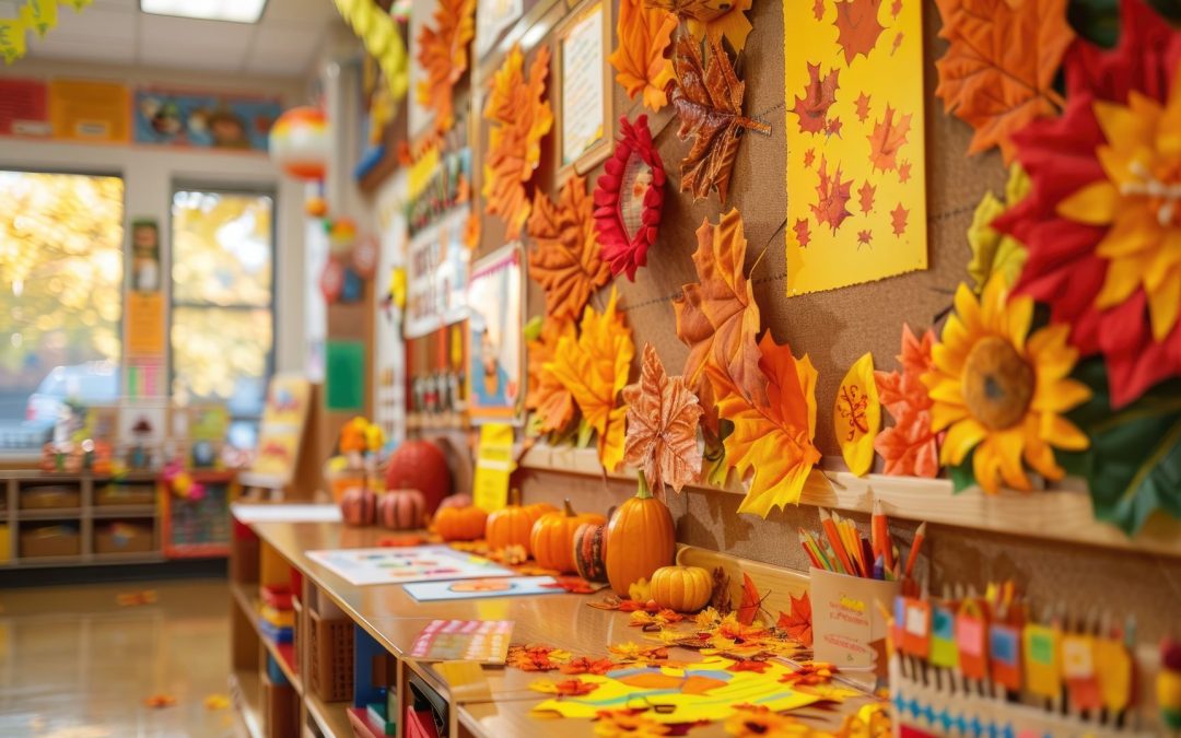 elementary classroom decorated for fall - bulletin board to the right with leaves and sunflowers in fall colors. Row of cubbies with melamine top - decorated with pumpkins, paper leaves, and art supplies