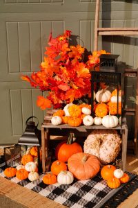 Fall Porch vignette in front of light grey garage door - sisal rug with black and white checked rug layered on top - rustic crate with pumpkins in and on - of all sizes and colors, black old fashioned lanterns with class - and mini pumpkins white and orange plus casperita pumpkins spilling out - fall leaf foilage and rustic ladder behind